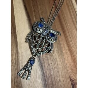 VTG Articulated 4+" OWL Pendant BLUE Faux Stones Necklace Silver Tone BIG